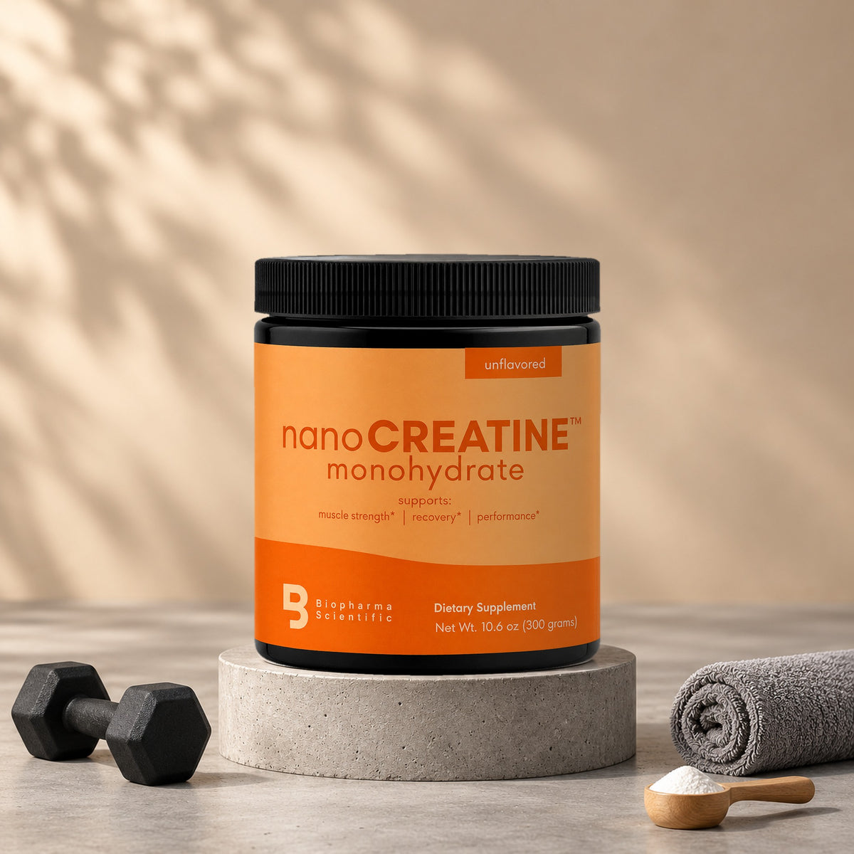NanoCreatine Monohydrate tub in a bright studio still life with fresh ingredients