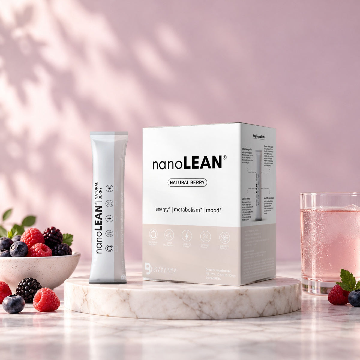 NanoLean Natural Berry carton in a bright studio still life with fresh ingredients
