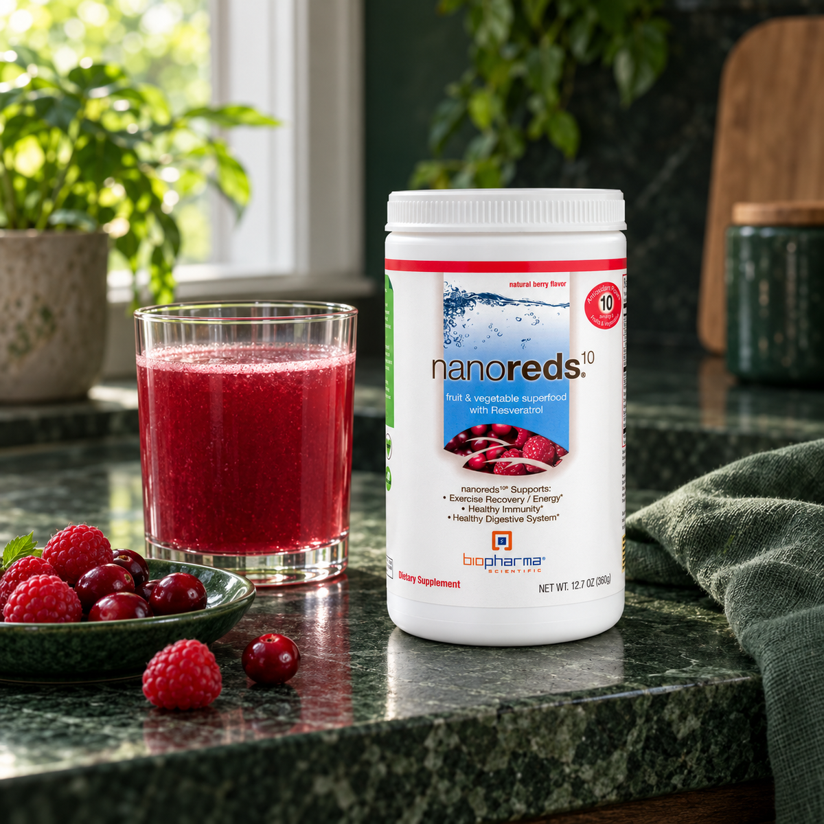 Nanoreds berry drink with fresh raspberries and cranberries