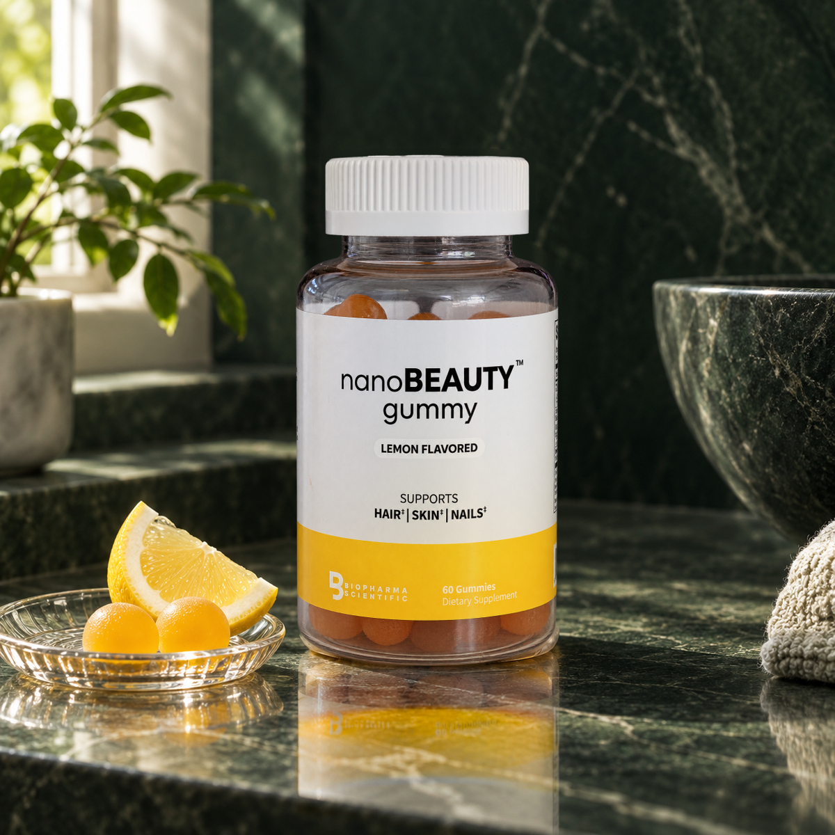 NanoBeauty lemon gummies on a dark green vanity