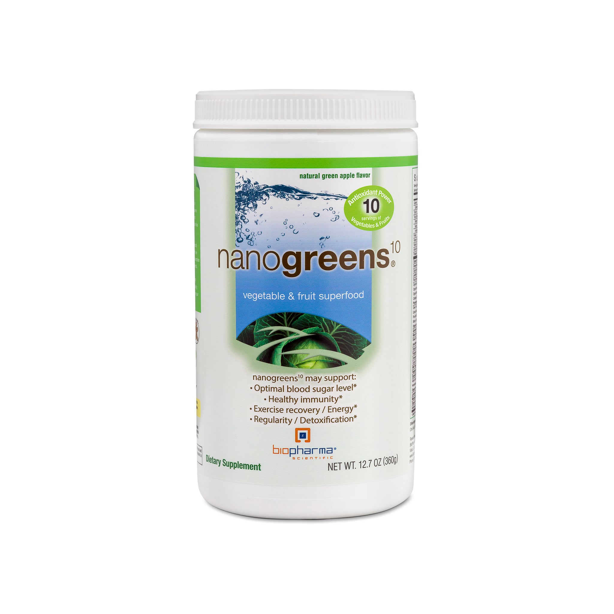 nanogreens green apple fruit and vegetable superfood powder supplement - front side