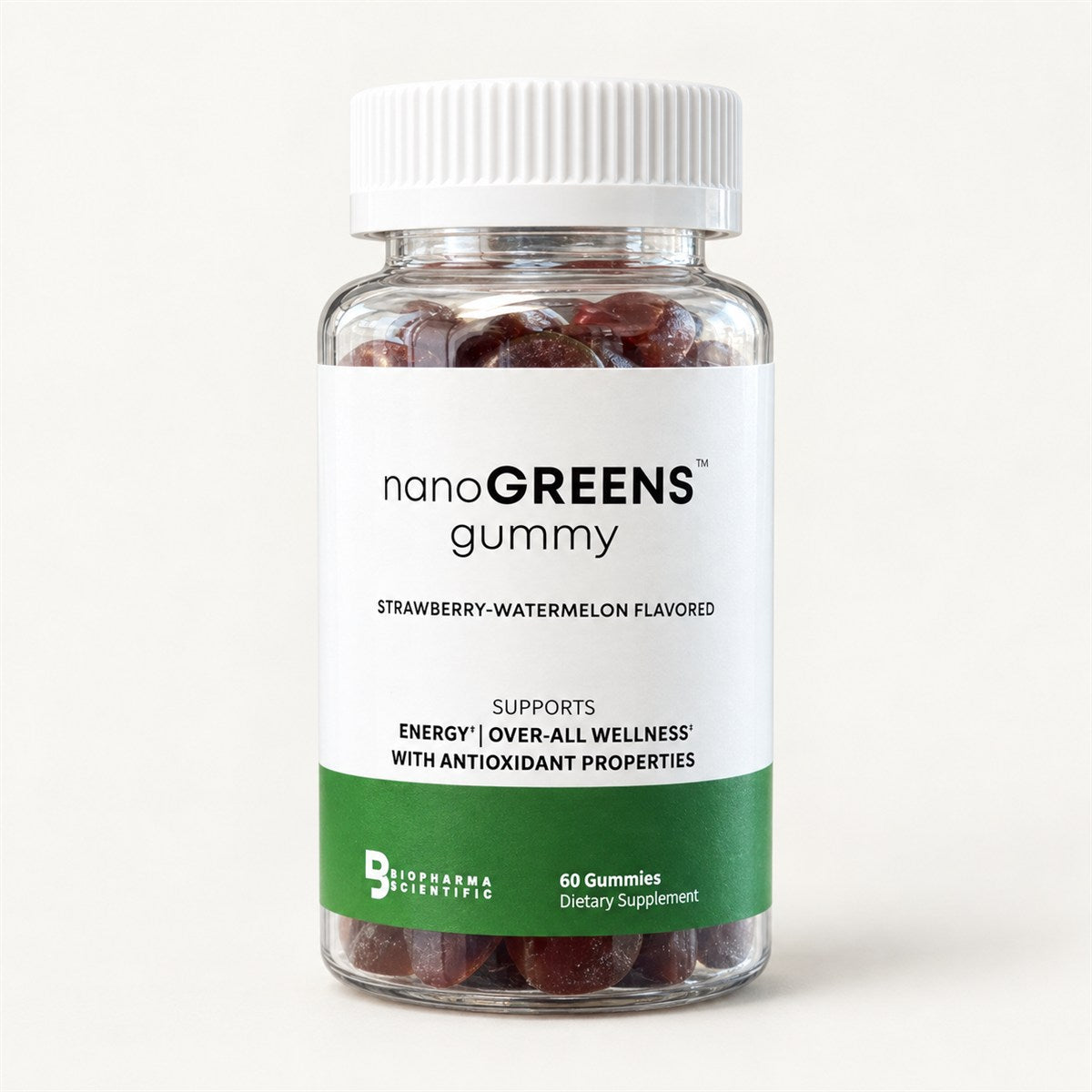 NanoGreens Gummies strawberry-watermelon bottle, front