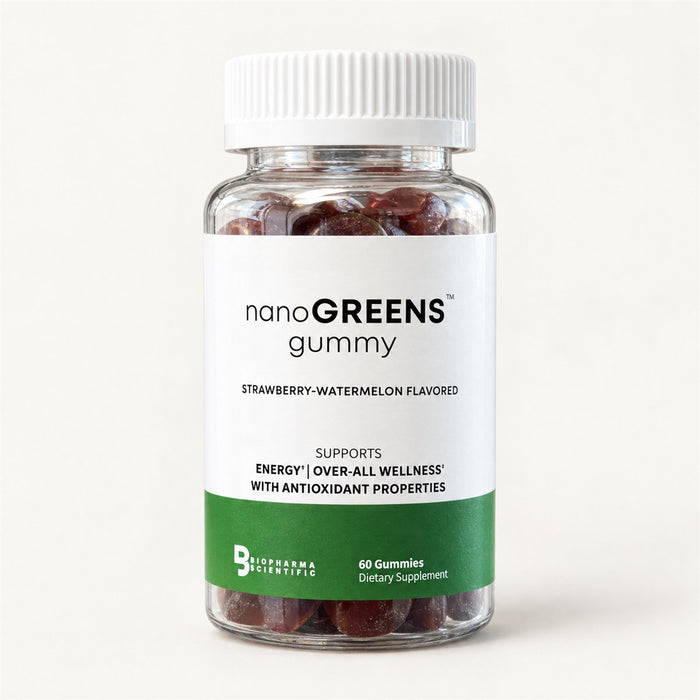 NanoGreens Gummies strawberry-watermelon bottle, front