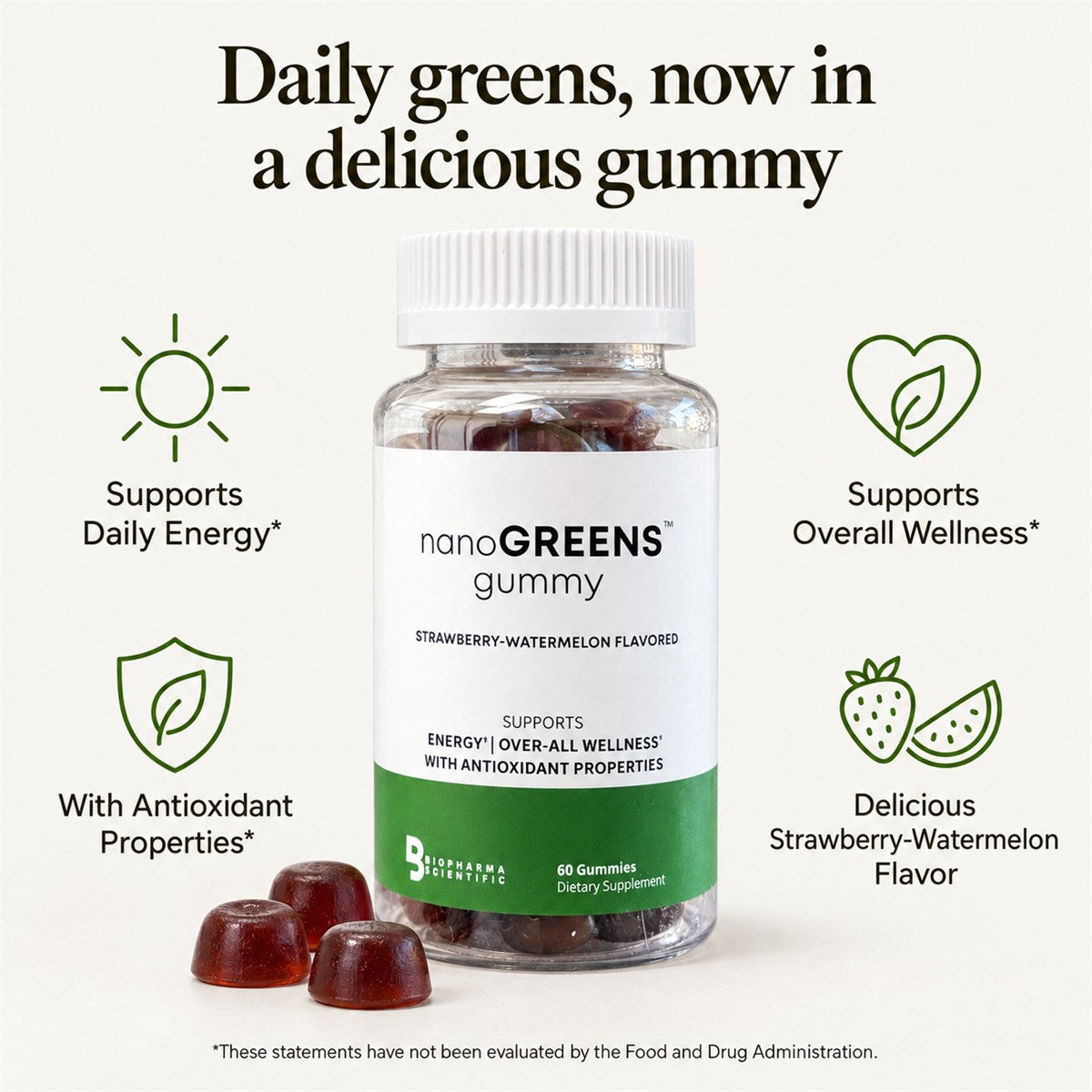 NanoGreens Gummies benefits: daily energy, overall wellness, antioxidant properties, strawberry-watermelon flavor