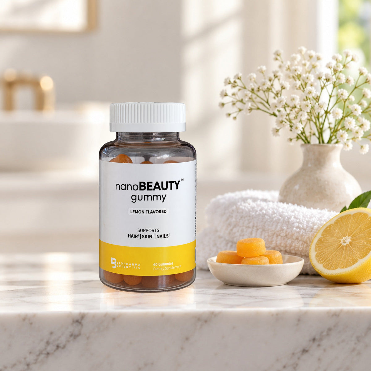 NanoBeauty Gummies jar in a fresh morning still life