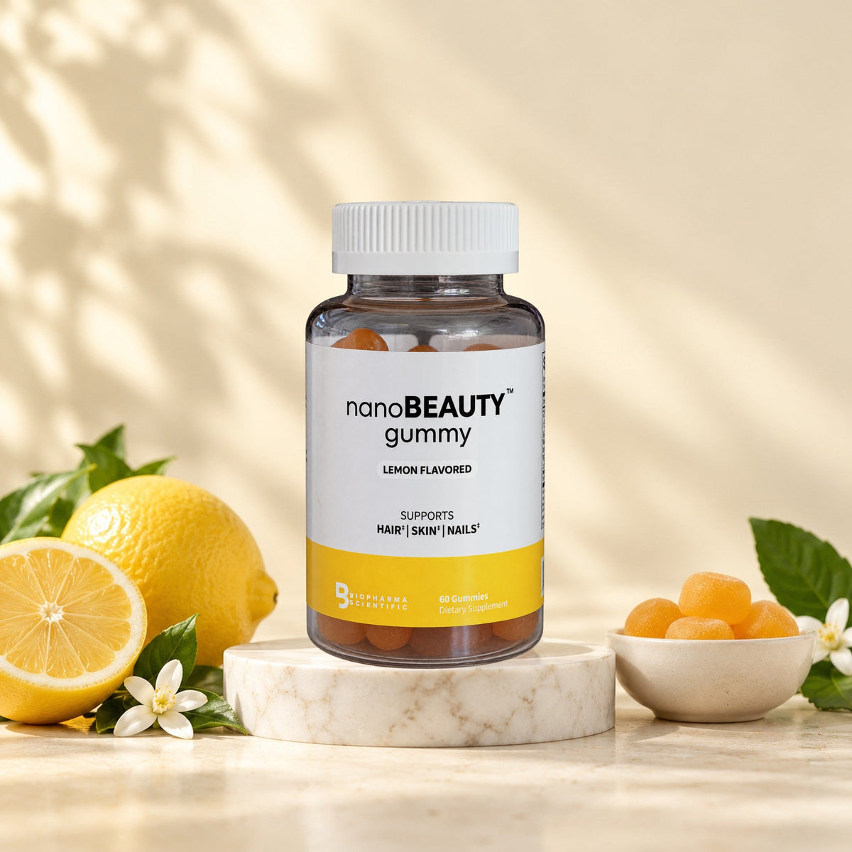 NanoBeauty Gummies jar in a bright studio still life with fresh ingredients