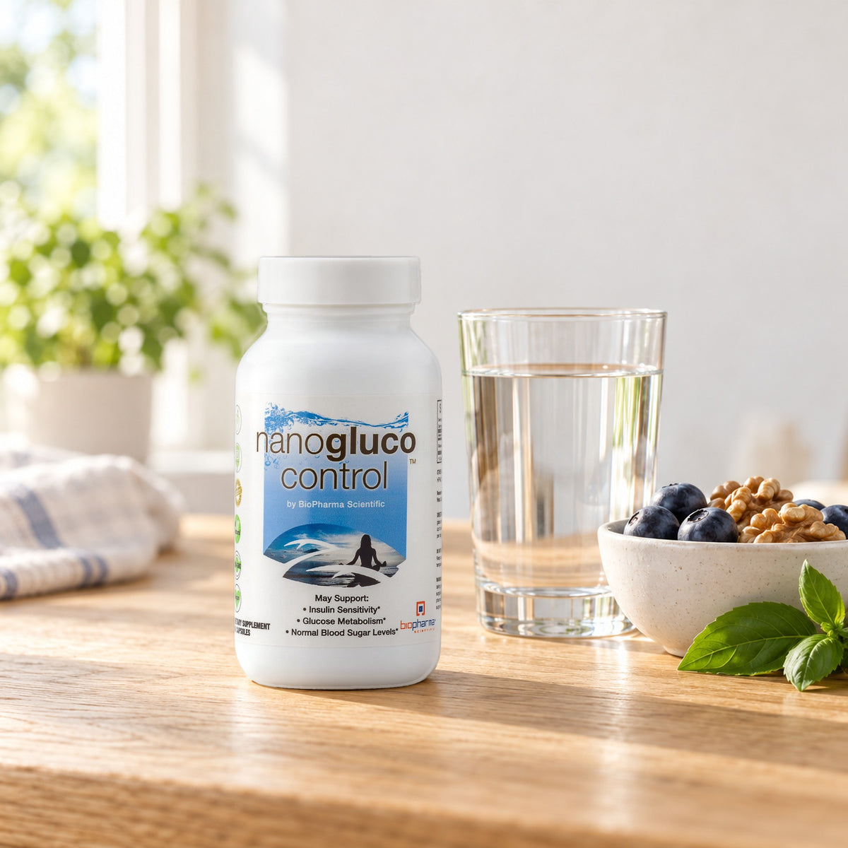 NanoGluco Control bottle in a fresh morning still life