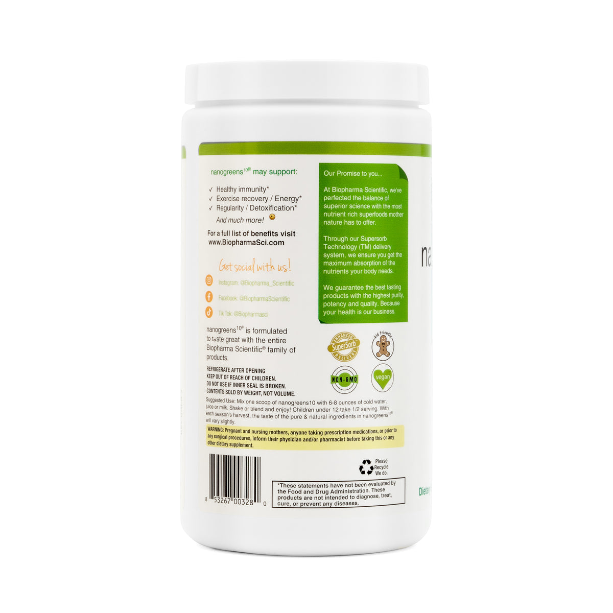 NanoGreens + Probiotic Green Apple - 309 g bottle back