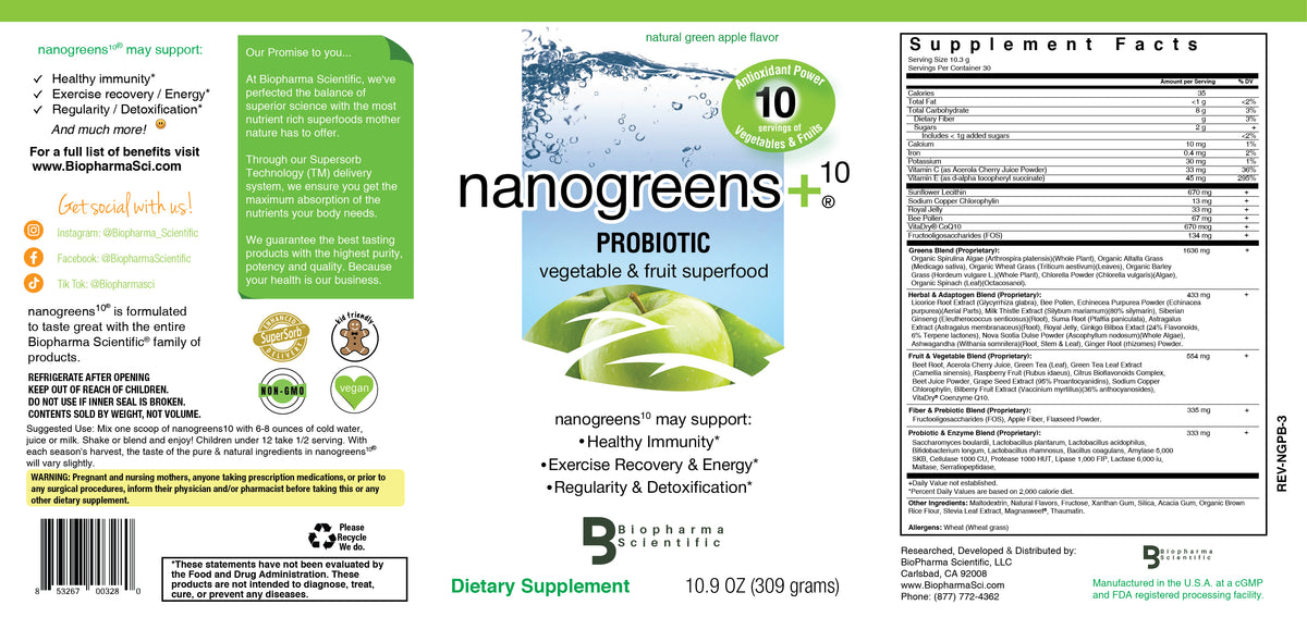 NanoGreens + Probiotic Green Apple - full bottle label