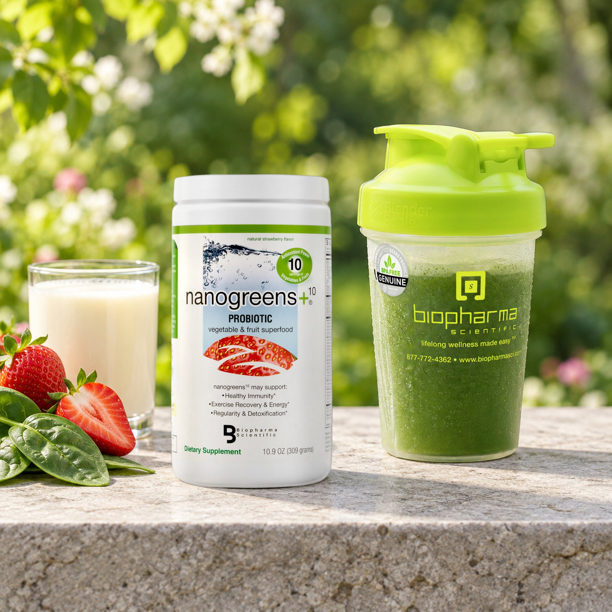 NanoGreens10+ Probiotic Strawberry tub in a fresh morning still life