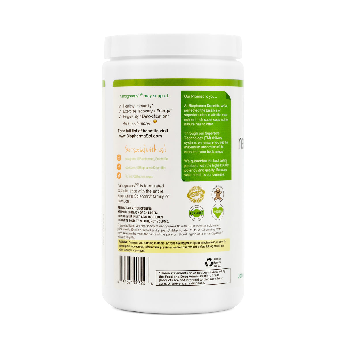 NanoGreens + Probiotic Strawberry - 309 g bottle back