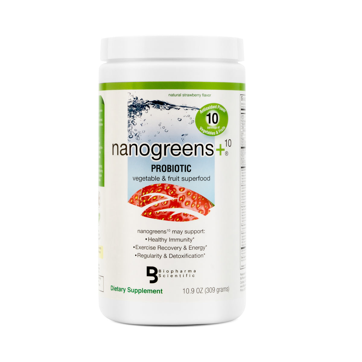 NanoGreens + Probiotic Strawberry - 309 g bottle front