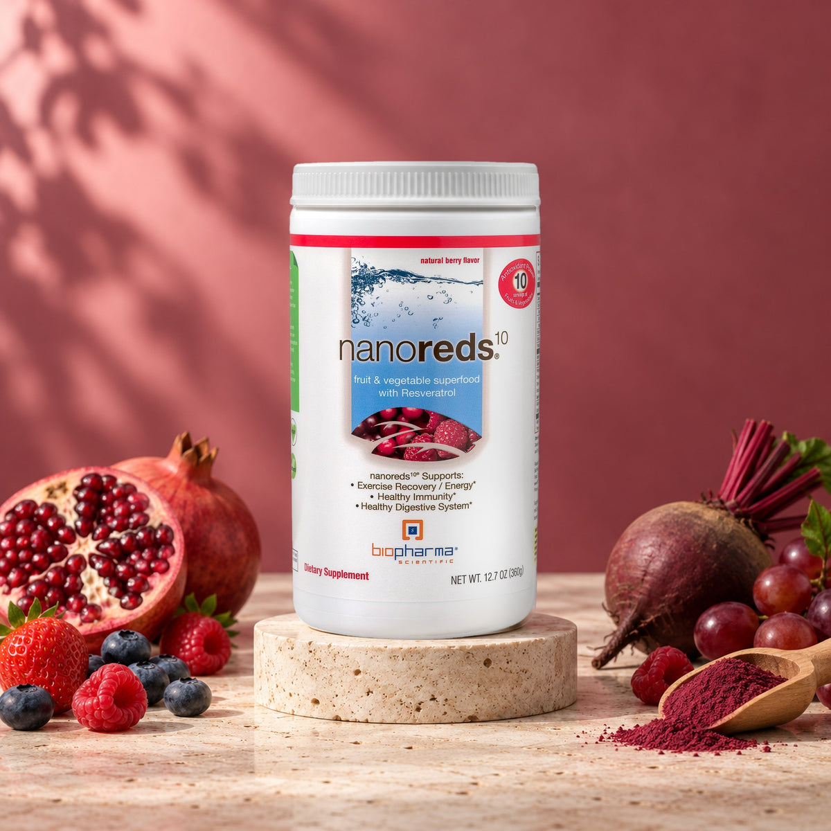 NanoReds Natural Berry tub in a bright studio still life with fresh ingredients