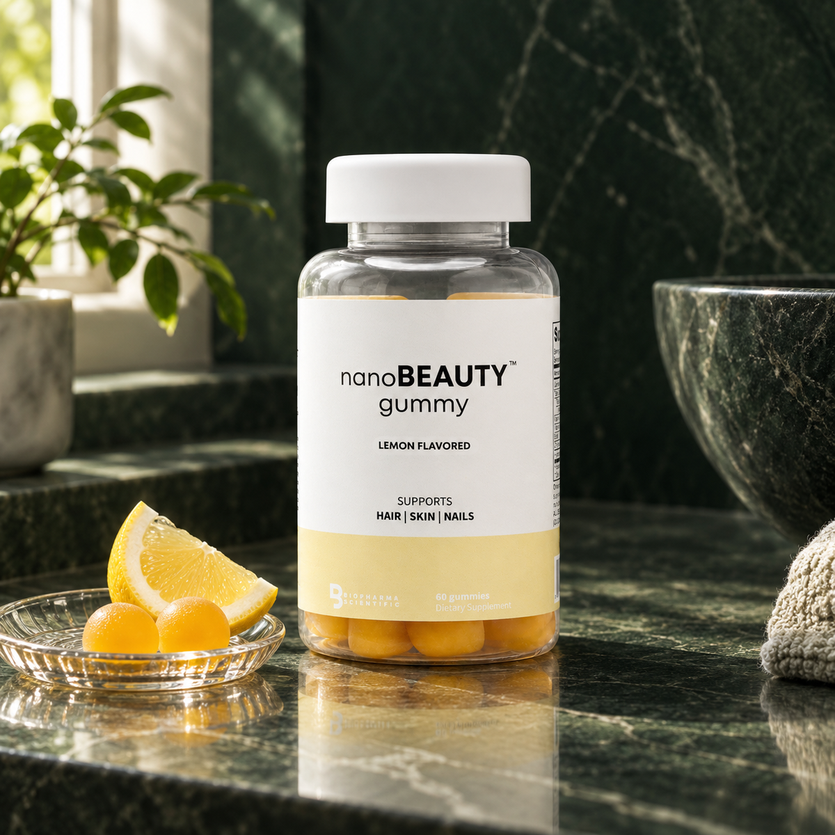 NanoBeauty lemon gummies on a dark green vanity