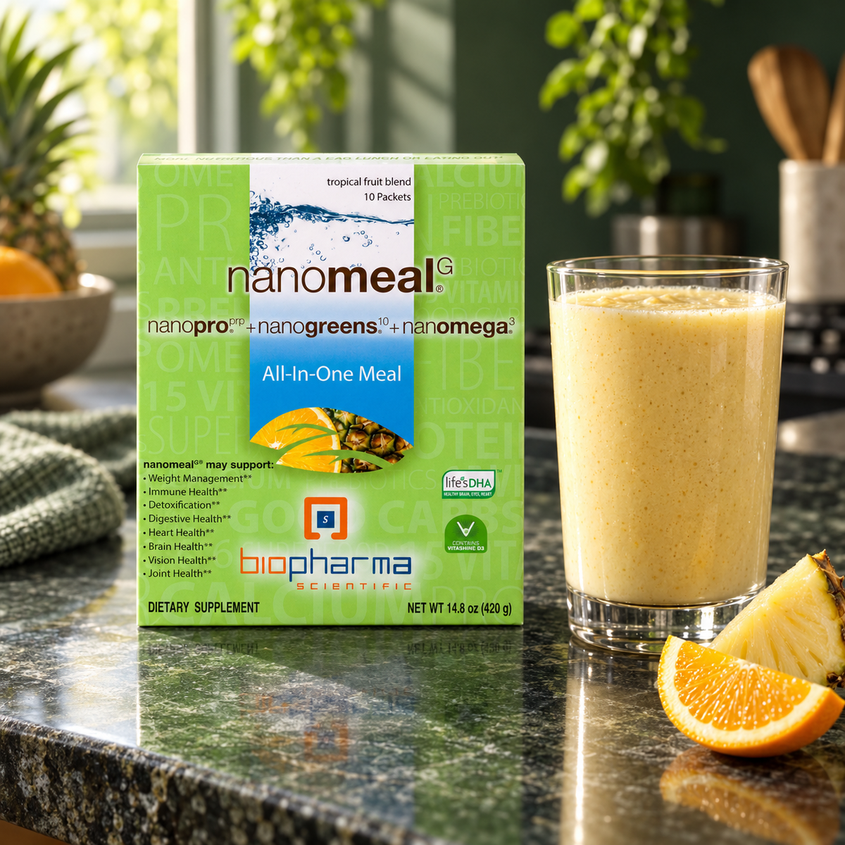 Nanomeal tropical blend with morning meal shake