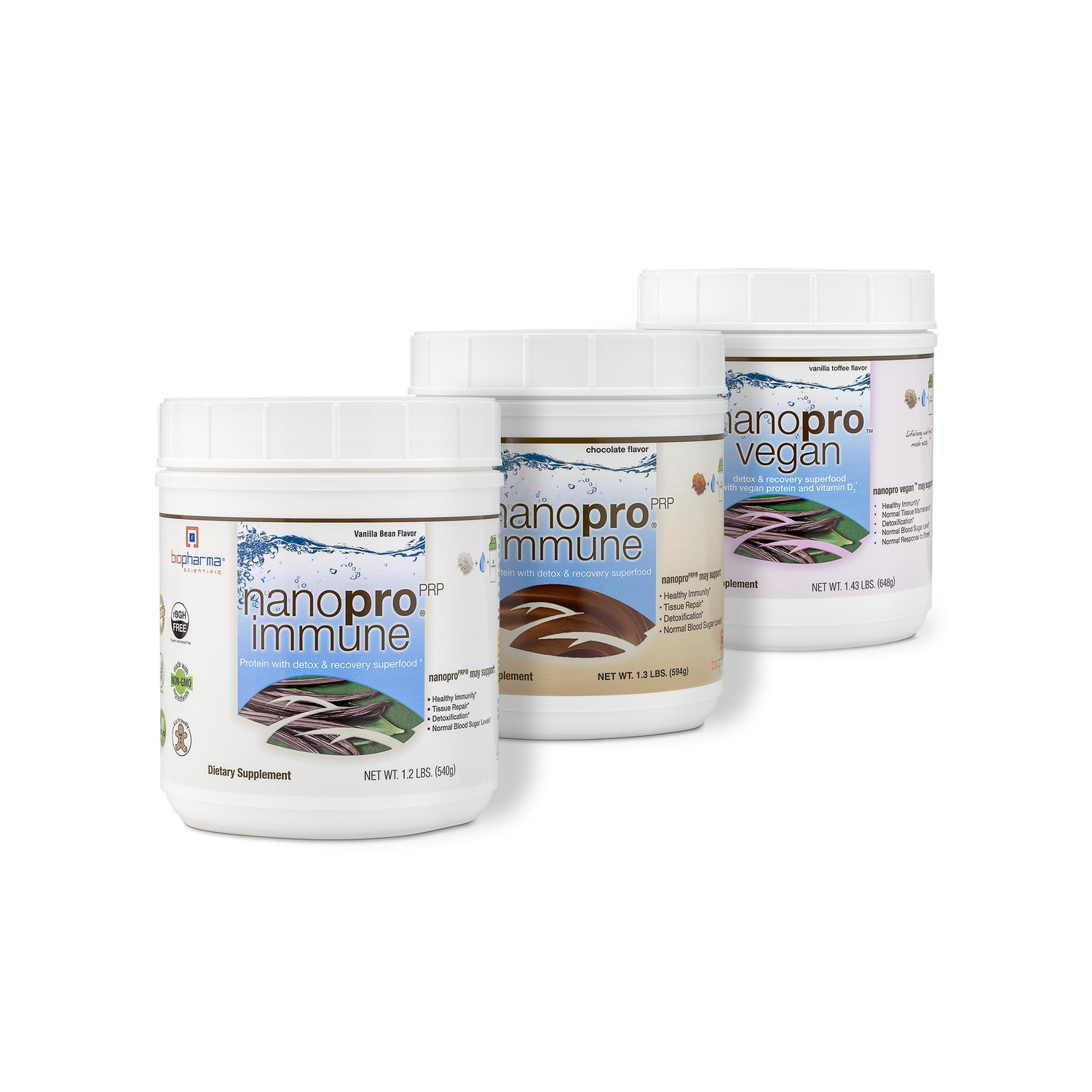all nanopro immune whey and vegan protein powder supplements with detox and recovery superfood