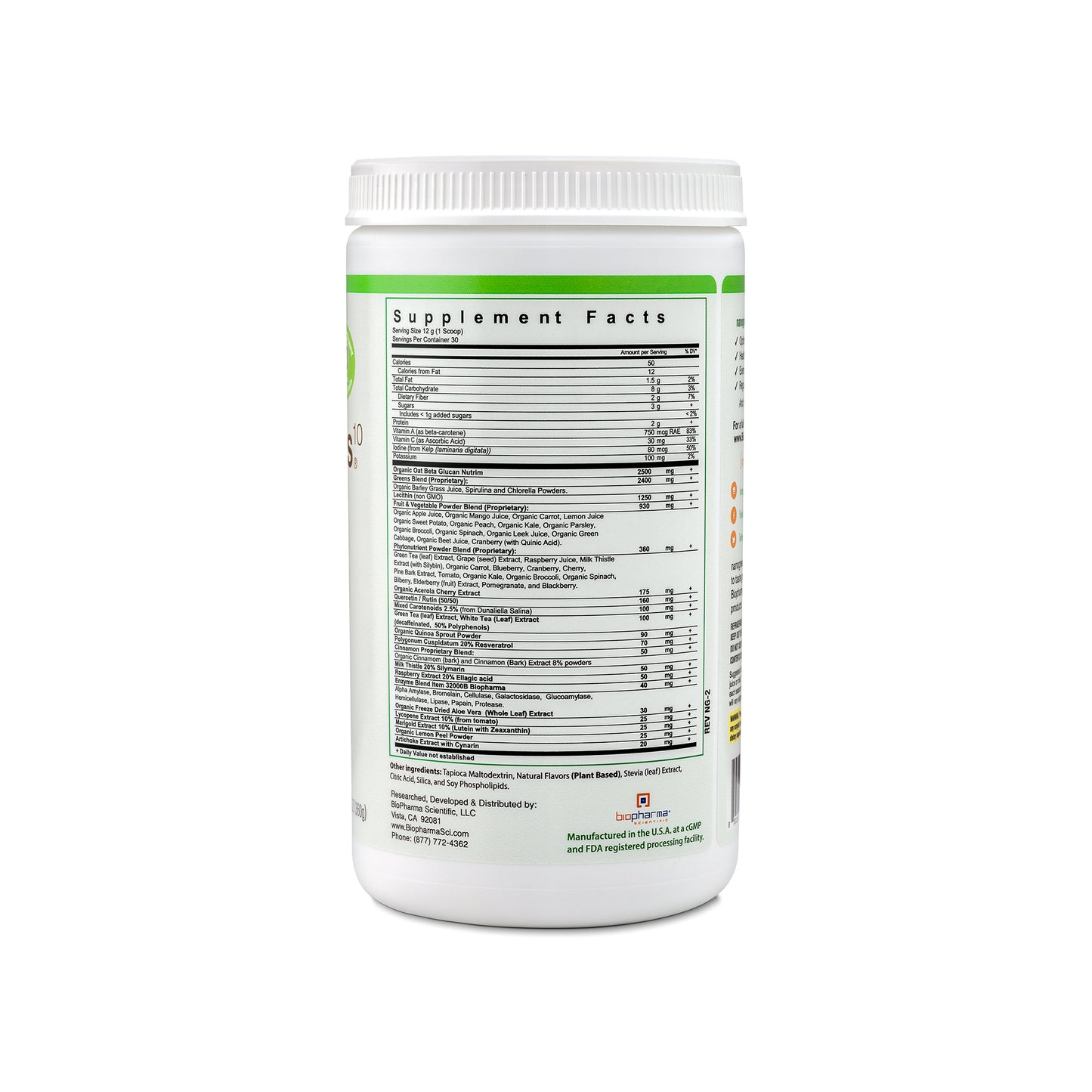 nanogreens green apple fruit and vegetable superfood powder supplement - back side with nutrition facts