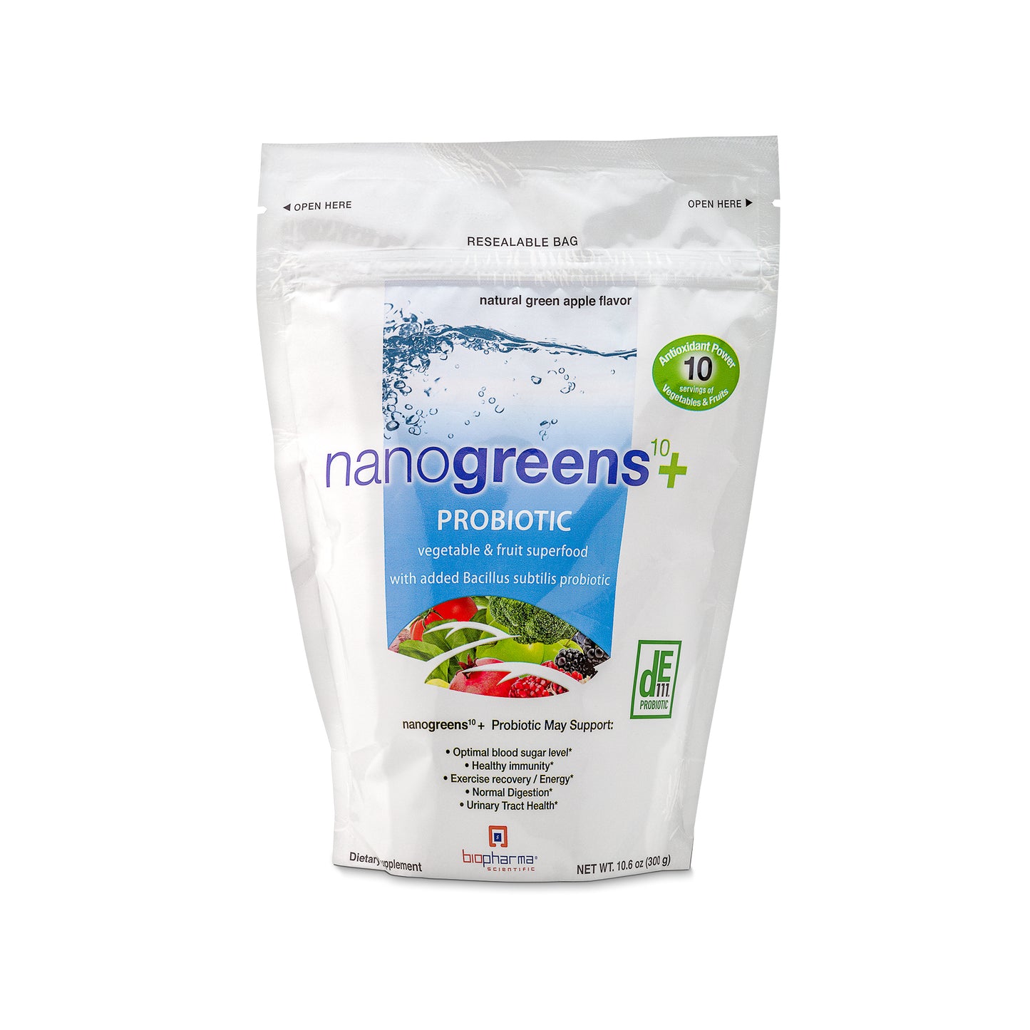 nanogreens+ probiotic green apple fruit and vegetable superfood powder supplement - front side
