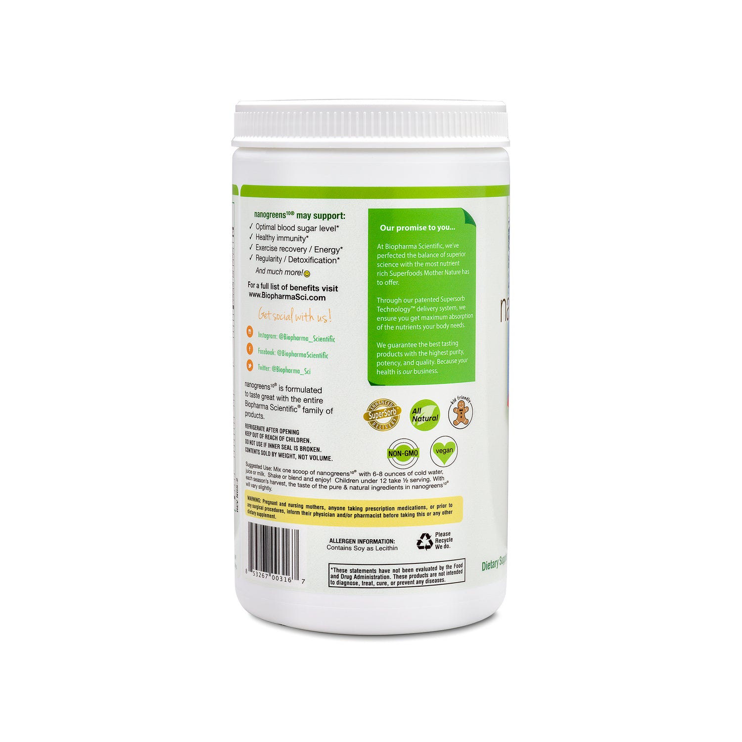 nanogreens strawberry fruit and vegetable superfood powder supplement - side with additional information