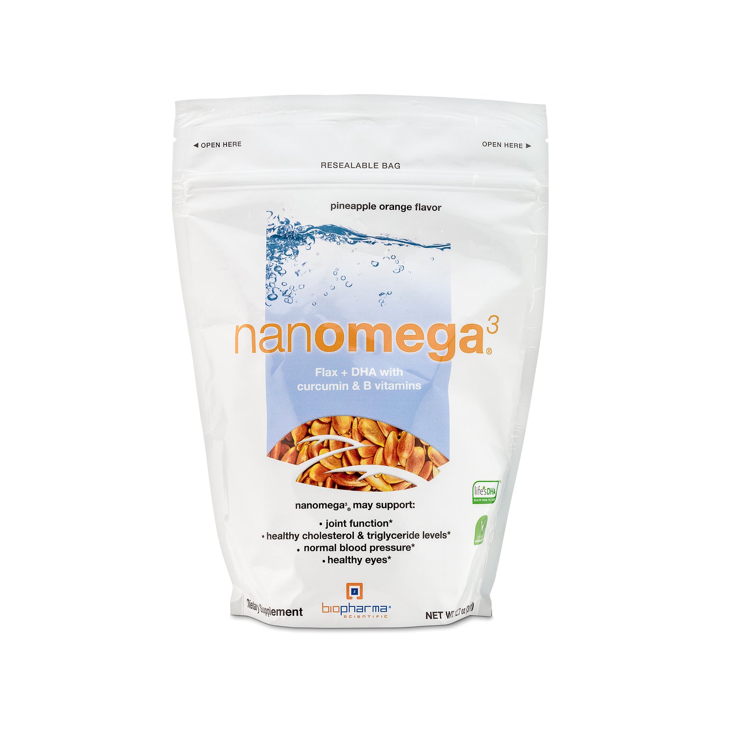 nanomega omage 3 flax dha curcumin supplement - front side
