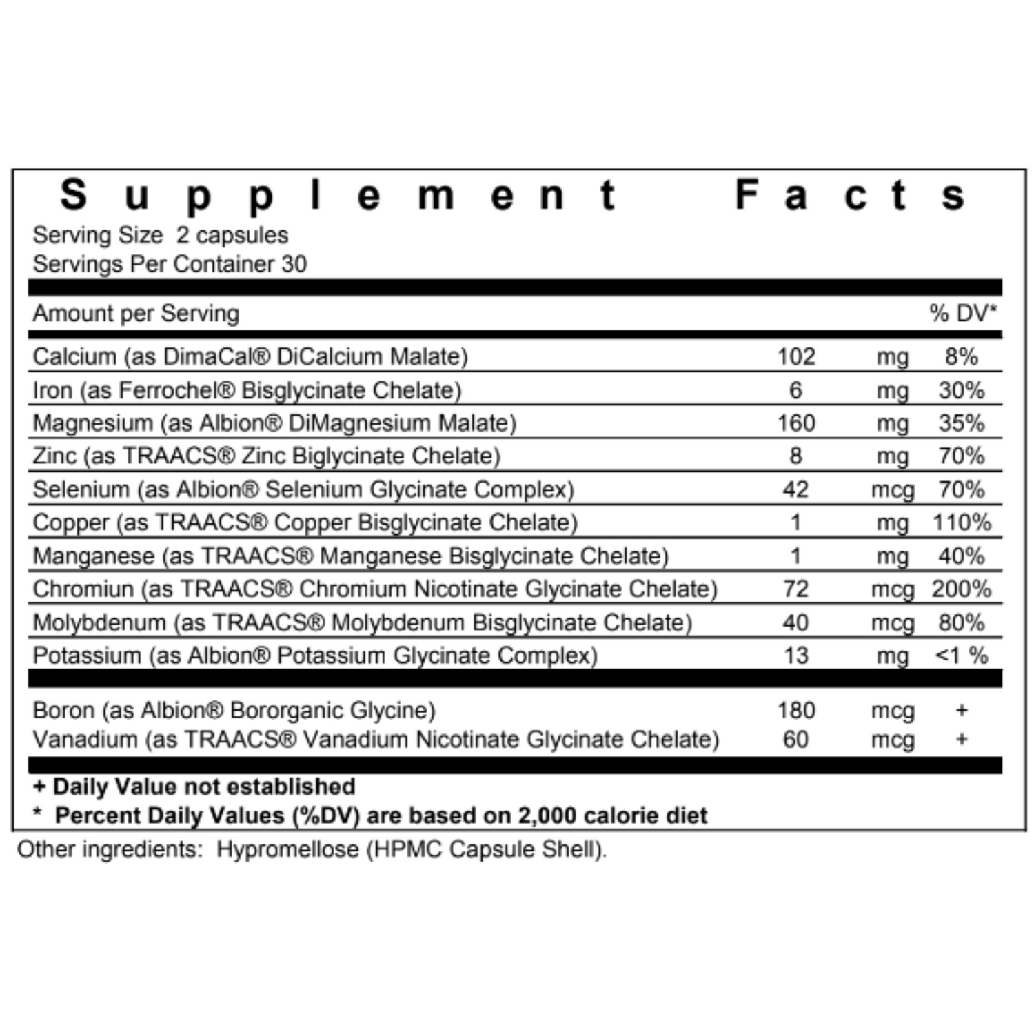 nanominerals complete chelated multi mineral supplement capsule - nutrition label