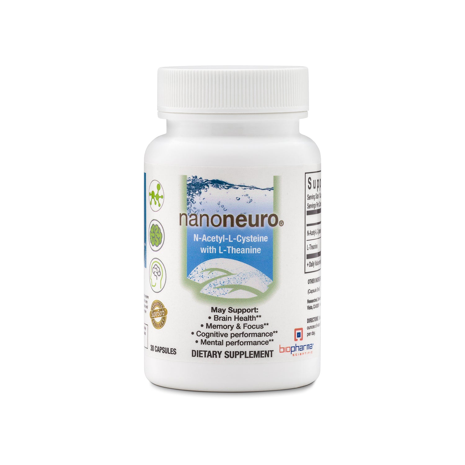 nanoneuro memory brain support n-acetyl-l-cysteine NAC l-theanine supplement capsule - front side