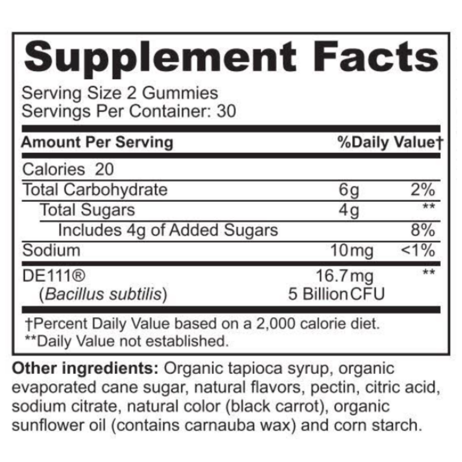 nanoprobiotic gummies immunity and digestive health supplement - nutrition label