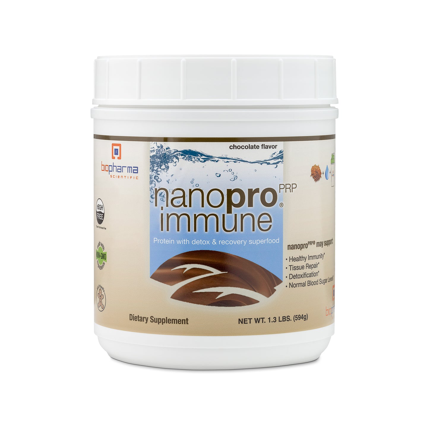 nanopro immune chocolate protein powder supplement with detox and recovery superfood - front side