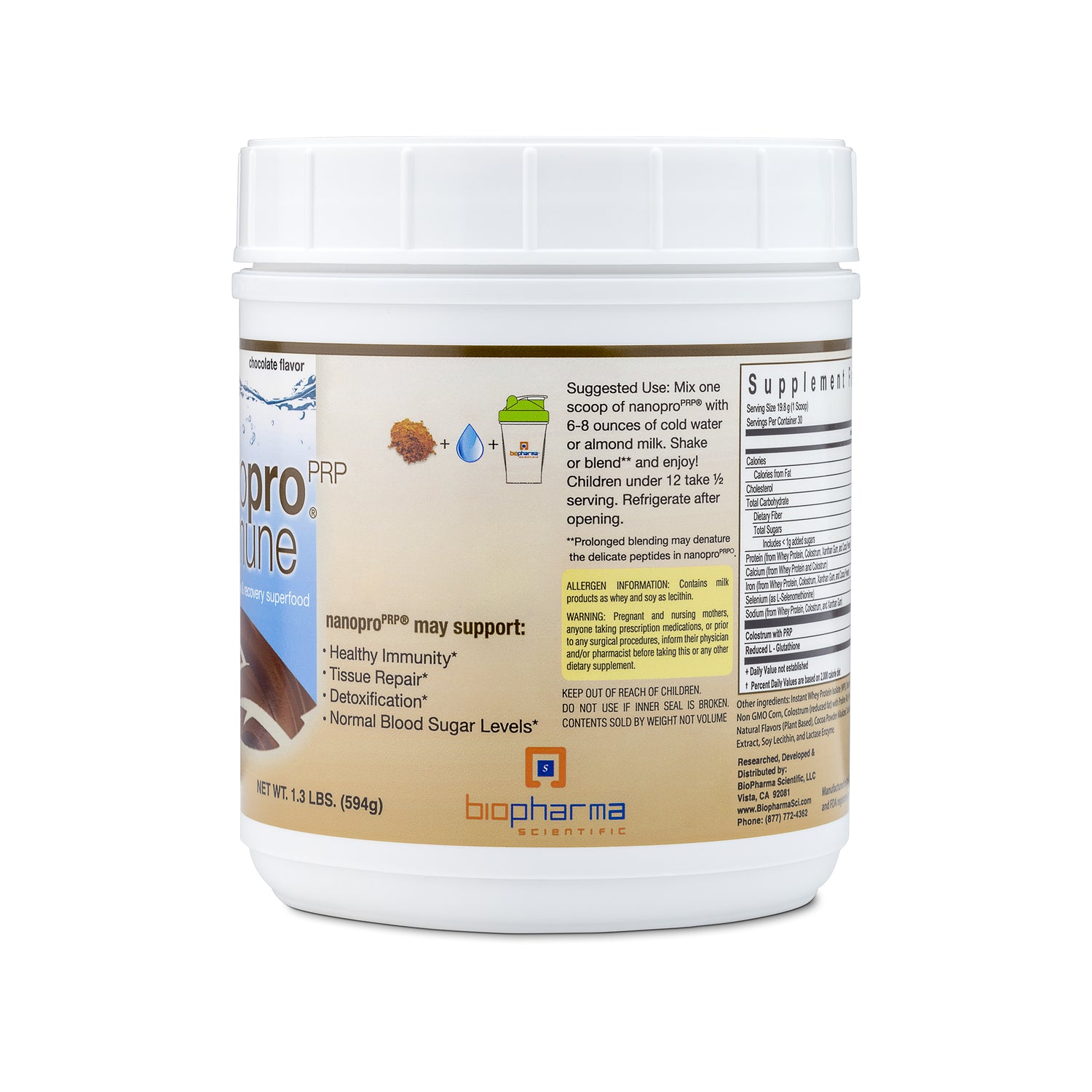 nanopro immune chocolate protein powder supplement with detox and recovery superfood - side with additional information